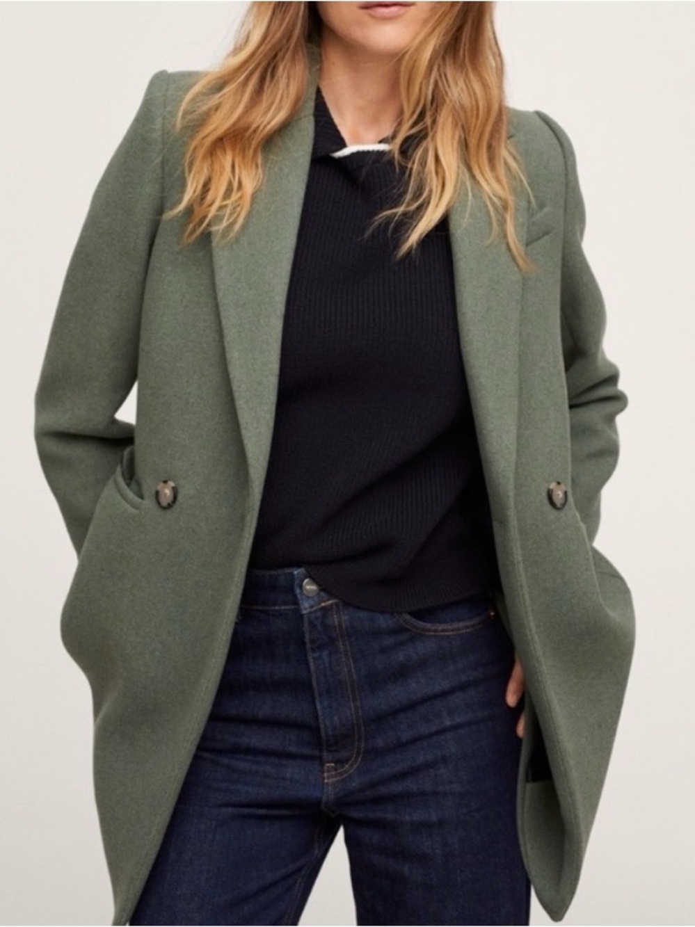 Mango Olive Green Double-Button Pea Coat